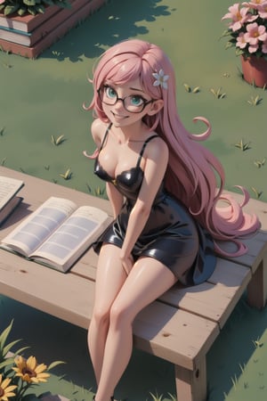 1girl, (masterpice), best quality, high quality, high detailed, perfect body, good body,pink hair,very long hair, green eyes, mini latex black dress,hair ornament,small breasts,glasses, outdoors, blue sky, from above, books,bookshop, flowers on table,coffee,doggystyke on the grass,shirtless, without bra, show nipples and boobs, skirt up, doing a sign with hands and smiling to imaginary camera, doing a suggestive pose