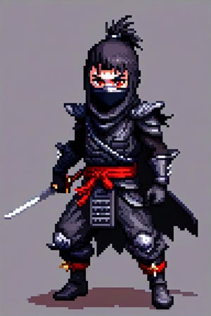 pixel art, ultra detailed, masterpiece,full body action pose portrait of Shadow, wears a black ninja outfit consisting of spiked shoulderpads, a sash on his waist, and a cowl that conceals his face but for his red eyes, He wears an armored band around his cowl with a crest above his eyes, and two spikes emerge from the sides