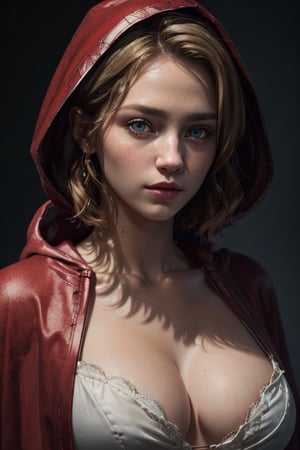 little Red Riding Hood, short blonde hair, beautiful blue eyes, perfect breasts, sagging chest, huge chest, soft natural lighting, smooth soft skin, symmetrical, natural skin texture, soft lighting, detailed face, photo realism, soft pastel colors sparkling, looking into camera, photorealistic painting, sharp focus, 8k, perfect composition, trending on artstation, award-winning photograph, unreal engine 5, cinematic smooth, intricate detail, studio photo, highly detailed. simple background.,perfecteyes,RedHoodWaifu,(red hood, cape