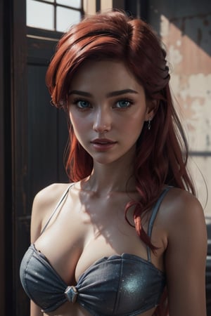 Ariel, long red hair, beautiful blue eyes, perfect breasts, sagging chest, huge chest, soft natural lighting, smooth soft skin, symmetrical, natural skin texture, soft lighting, detailed face, photo realism, soft pastel colors sparkling, looking into camera, photorealistic painting, sharp focus, 8k, perfect composition, trending on artstation, award-winning photograph, unreal engine 5, cinematic smooth, intricate detail, studio photo, highly detailed. simple background.