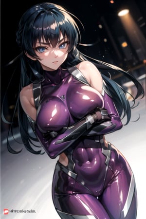 1girl, asagi, long hair, blue eyes, ultra-detailed art illustration, perfect breasts, sagging chest, purple gloves, skin tight, shiny clothes, impossible bodysuit, purple bodysuit, sleeveless, 