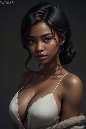 Tiana, dark skin woman, black hair, beautiful green eyes, perfect breasts, sagging chest, huge chest, soft natural lighting, smooth soft skin, symmetrical, natural skin texture, soft lighting, detailed face, photo realism, soft pastel colors sparkling, looking into camera, photorealistic painting, sharp focus, 8k, perfect composition, trending on artstation, award-winning photograph, unreal engine 5, cinematic smooth, intricate detail, studio photo, highly detailed. simple background.,TianaWaifu