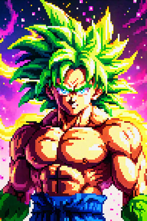pixel art, (Broly the legendary super saiyan) with green hair, 32 bit style, realistic photo, (raw photo of Broly cosplay), legendary super saiyan, broly from dragon ball super Broly, (Broly super saiyan transformation), Broly in rage mode, (Goku ultra instinct, Vegeta ultra ego), ((green hair, upper body)), ultra instinct, dbz style, jjba style, death note style, ultra detailed artistic abstract photography of super sayan god, asymmetrical, gooey liquid hair, color exploding, highly refractive skin, Digital painting, colorful, volumetric lighting, 8k, by Cyril Rolando, by artgerm, Trending on Artstation, 16k resolution, High definition, detailed, realistic, 8k uhd, high quality, dragon ball super style, cosmic body, vaporwave style, (super saiyan aura around body), Toei animation style, Studio Ghibli style, hyper realistic