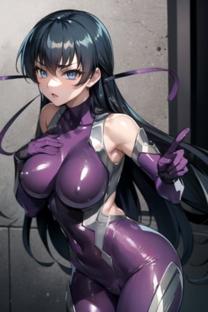 1girl, asagi, long hair, blue eyes, ultra-detailed art illustration, perfect breasts, sagging chest, purple gloves, skin tight, shiny clothes, impossible bodysuit, purple bodysuit, sleeveless,