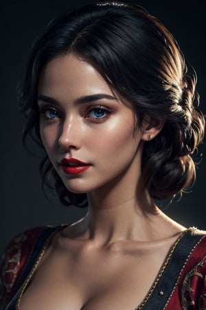 Snow White, long black hair, beautiful blue eyes, Red lipstick, perfect breasts, sagging chest, huge chest, soft natural lighting, smooth soft skin, symmetrical, natural skin texture, soft lighting, detailed face, photo realism, soft pastel colors sparkling, looking into camera, photorealistic painting, sharp focus, 8k, perfect composition, trending on artstation, award-winning photograph, unreal engine 5, cinematic smooth, intricate detail, studio photo, highly detailed. simple background.