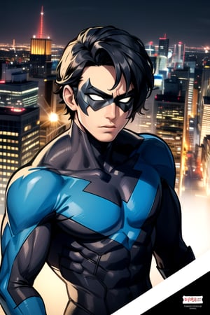 Nightwing, mask, black hair,  ultra-detailed art illustration, muscular  , city ​​at night, upper body, nightwing