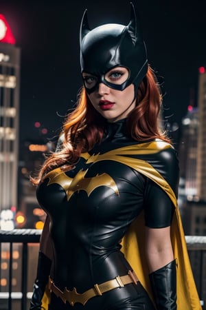 Batgirl, mask, red hair, green eyes, Red lipstick, ultra-detailed art illustration,  huge chest, sagging chest, sexy costume, night city on top of a building, ,batgirl, yellow cape ,Detailedface,perfecteyes