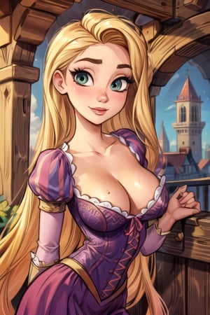 Rapunzel, long blonde hair, sexy dress, ultra-detailed art illustration,  sagging chest,  tower interior, detailed beautiful face,  ,perfecteyes