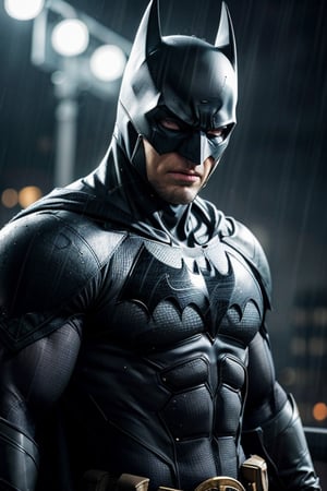 Batman, mask, ultra-detailed art illustration, muscular, animation style, rain background, 8k, White eye