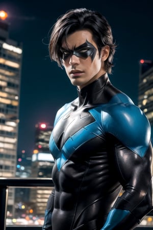 Nightwing, mask, black hair,  ultra-detailed art illustration, muscular  , city ​​at night, upper body, nightwing