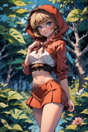 solo, 1girl, Little red hood, short blonde hair, blue eyes, ultra-detailed art illustration, perfect breasts, sagging chest, forest background, red mini skirt,