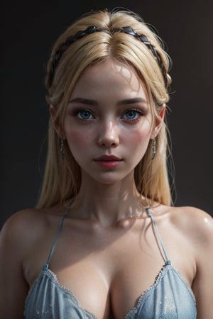 Alice, blonde hair, beautiful blue eyes, perfect breasts, sagging chest, huge chest, soft natural lighting, smooth soft skin, symmetrical, natural skin texture, soft lighting, detailed face, photo realism, soft pastel colors sparkling, looking into camera, photorealistic painting, sharp focus, 8k, perfect composition, trending on artstation, award-winning photograph, unreal engine 5, cinematic smooth, intricate detail, studio photo, highly detailed. simple background.,TianaWaifu,AliceWonderlandWaifu