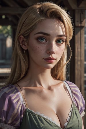 Rapunzel, long blonde hair, beautiful green eyes, freckles,  perfect breasts, sagging chest, huge chest, soft natural lighting, smooth soft skin, symmetrical, natural skin texture, soft lighting, detailed face, photo realism, soft pastel colors sparkling, looking into camera, photorealistic painting, sharp focus, 8k, perfect composition, trending on artstation, award-winning photograph, unreal engine 5, cinematic smooth, intricate detail, studio photo, highly detailed. simple background.