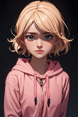 masterpiece, best quality,a sad blonde little girl with blonde hair crying with tears wearing pink hoodie, black background,3DMM
