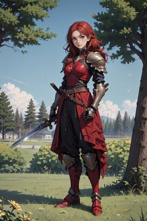 1girl, solo, long hair, looking at viewer, blush, holding, brown eyes, standing, full body, weapon, flower, red hair, sword, holding weapon, armor, tree, holding sword, grass, gauntlets, freckles, breastplate, greaves, planted, knight, planted sword, chainmail, plate armor,