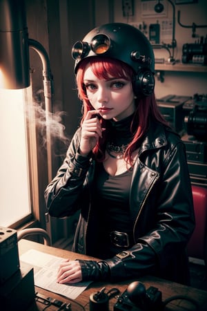 (8k, RAW photo, highest quality), beautiful girl using tools next to a desk, in a factory,  water pipe, water tank, 18 century,  red head, steampunk aviary helmet ,avairy coat, (detailed eyes:0.8), (looking at the camera:1.4), (highest quality), (best shadow), intricate details, interior, dark studio, muted colors,  (steam punk),

lepiNoiseoffset_v2  laToZovyaRPGArtists_sd15V1
