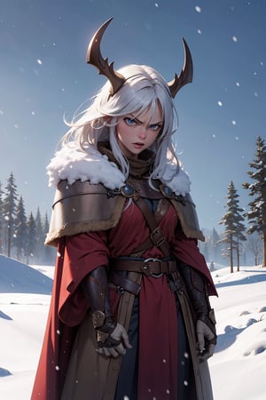 masterpiece, best quality,angry viking woman, snow background, covered with snow,