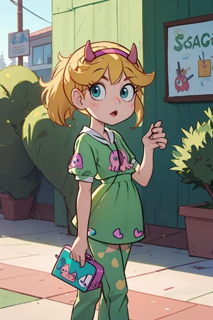 star butterfly, (masterpiece, good quality), 1girl, horn hairband, green squid outfit, teen_18 year age,green squid outfit
