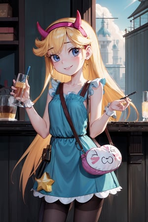(masterpiece, best quality, high resolution:1.4), 1girl, woman, star butterfly, happy, cloud outfit,pouch, horn_hairband, looking at viewer, pantyhose 