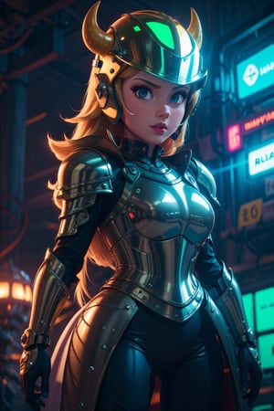 Princess peach Knight, neon lights on armor, buffalo-shaped helmet, detailed, natural shading, rendered with unreal Engine 5,in the style of SM,