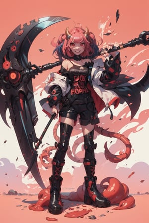 1girl, solo, looking at viewer, smile, short hair, simple background, shirt, red eyes, white background, holding, standing, jacket, tail, full body, weapon, pink hair, multicolored hair, boots, horns, shorts, teeth, off shoulder, holding weapon, colored skin, sharp teeth, monster girl, clothes writing, tentacles, smoke, colored sclera, scythe, holding scythe, 