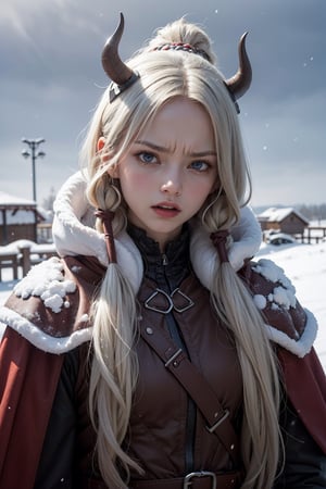 masterpiece, best quality,angry viking woman, snow background, covered with snow,