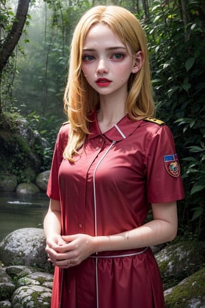 4k, masterpiece, cartoon style, 15 year old girl, long bright medium blonde hair, red lips, hands free, perfect eyes, (Scout clothes), {{wet clothes}}, rain forest, melancholic scene, {{ HDR }}, 