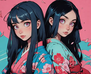 Multiple girls, glowing eyes, glowing, long hair, nice details, petals, japanese clothes