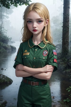 4k, masterpiece, cartoon style, 15 year old girl, long bright medium blonde hair, red lips, hands free, perfect eyes, (Scout clothes), {{wet clothes}}, rain forest, melancholic scene, {{ HDR }}, 