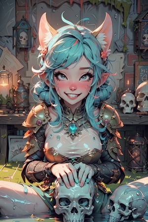 highres, masterpiece, perfect lighting, bloom, cinematic lighting, adult, perfect skin, female, looking at viewer, belle delphine, ahegao, plaguemarine, armor, power armor, skull, slime, smile, slime on face,   ,Rolling eyes