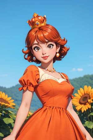 orange dress, looking at viewer, outdoors, simple background, crown, standing, upper body, ,in the style of SM, princess daisy