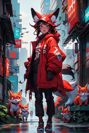 futubot, cyberpunk fox spirit surrounded by robot foxes, bold red and dark white colors,Animal ear