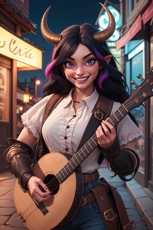 female minotaur punk bard with horns with long black hair, wearing multicoloured landsknecht armour and white ruffle shirt, grinning, playing a lute, medieval city at night, bokeh, depth of field,Lofi style