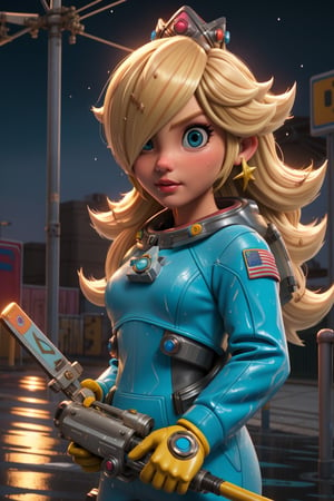Rosalina in the style of SM, ,nijiv5, best graphics, best graphics, focus_Rosalina, alone, urban art, wet ground, ((blonde_hair covering one eye)), astronaut suit, NASA, UHD,in the style of SM, 