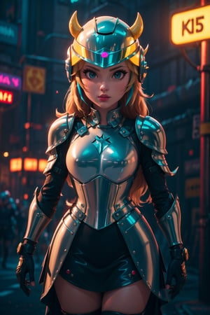 Princess peach Knight, neon lights on armor, buffalo-shaped helmet, detailed, natural shading, rendered with unreal Engine 5,in the style of SM,