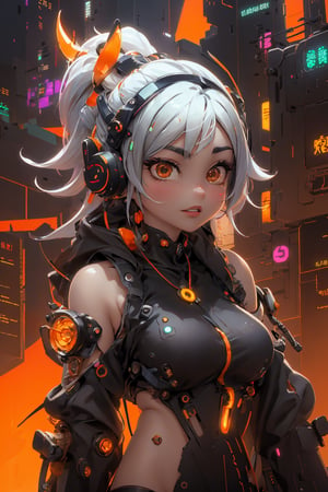 1 girl, Chinese_clothes, liquid silver and orange, cyberhan, cheongsam, cyberpunk city, dynamic pose, detailed luminous headphones, glowing hair accessories, long hair, glowing earrings, glowing necklace, cyberpunk, high-tech city, full of mechanical and futuristic elements, futuristic, technology, glowing neon, orange, orange light, transparent tulle, transparent streamers, laser, digital background urban sky, big moon, with vehicles, best quality, masterpiece, 8K, character edge light, Super high detail, high quality, the most beautiful woman in human beings, micro smile, face facing front and left and right symmetry, ear decoration, beautiful pupils, light effects, visual data, silver white hair, super detail facial texture,nijilorabunny