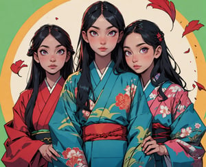 Multiple girls, glowing eyes, glowing, long hair, nice details, petals, japanese clothes