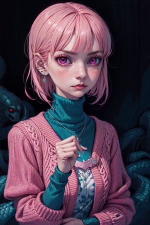 1girl, solo, looking at viewer, blush, bangs, long sleeves, jewelry, closed mouth, jacket, upper body, pink hair, earrings, hand up, medium hair, pink eyes, necklace, sweater, glowing, turtleneck, glowing eyes, @ @,fantasy00d