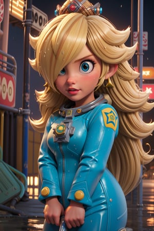 Rosalina in the style of SM, ,nijiv5, best graphics, best graphics, focus_Rosalina, alone, urban art, wet ground, ((blonde_hair covering one eye)), astronaut suit, NASA, UHD,in the style of SM, 