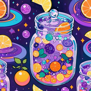 jar attachment with lemonade and small planet slices inside, stylized, cold colors, ohwx style,bubble,cosmic,dreamy,colorful,
,pixel art style,purple and orange colors,bubbly galaxy
