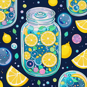 jar attachment with lemonade and small planet slices inside, stylized, cold colors, ohwx style,bubble,cosmic,dreamy,colorful,
,pixel art style