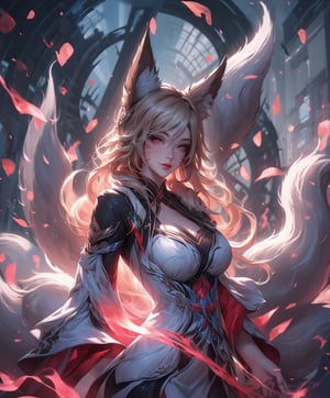 tall, willowy, beautiful, long flowing blonde hair, long eyelashes, and narrow eyes, ahri,yukong,She is best known for wearing a black dress coat with a long black hat and boots,kitsune girl,very long hair girl,girl holding a gun,4k,trending in art station,masterpiece,An intricately illustrated masterpiece of the highest quality, featuring detailed and expressive eyes,The background showcases beautiful ciites, facial mark,High detailed ,SAM YANG,fox tail,fox gir,kitsune,kitsune tails,multiple tails,fox ears,kitsune ears,blonde hair ,
 breast rest, fox  ,fox ears ,huge breasts ,one breast out, eyes, smile 
,1girl,9tail fox,yaohu