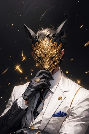 Henshin, solo, looking_at_viewer, shirt, gloves, long_sleeves, 1boy, jacket, white_shirt, upper_body, flower, male_focus, necktie, black_gloves, collared_shirt, vest, black_jacket, mask, rose, chain, formal, ring, suit, facing_viewer, black_necktie, black_vest, straight-on, gold, black_suit, ultra realistic,32k,RAW photo,(high detailed skin:1.2), 8k uhd, dslr, soft lighting, high quality, film grain