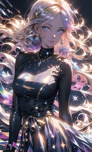 iridiscents, mysterious, golden, shiny, gold hair,extremely_long_hair,High detailed ,midjourney,perfecteyes,Color magic,urban techwear,hmochako,better witch,witch, witch,Long hair,free style,cosmic (theme),portrait,rainbowhair