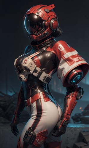 tutu's cyberpunk,cyberhelmet, Highly detailed RAW color Photo, looking at camera, Full Body, of (female space droid, wearing vivid dark red and white space suit, helmet, tined face shield, rebreather, accentuated booty), alien structure, toned body, big butt, (sci-fi), (mountains:1.1), (two moons in sky:0.8), (highly detailed, hyperdetailed), (lens flare:0.7), (bloom:0.7), particle effects, raytracing, cinematic lighting, shallow depth of field, photographed on a Sony a9 II, 50mm wide angle lens, sharp focus, cinematic film still from Gravity 2013,