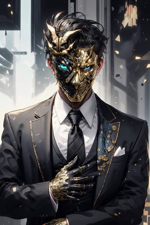 Henshin, solo, looking_at_viewer, shirt, gloves, long_sleeves, 1boy, jacket, white_shirt, upper_body, flower, male_focus, necktie, black_gloves, collared_shirt, vest, black_jacket, mask, rose, chain, formal, ring, suit, facing_viewer, black_necktie, black_vest, straight-on, gold, black_suit, ultra realistic,32k,RAW photo,(high detailed skin:1.2), 8k uhd, dslr, soft lighting, high quality, film grain,reptile mask
,xjrex,adstech