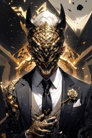 Henshin, solo, looking_at_viewer, shirt, gloves, long_sleeves, 1boy, jacket, white_shirt, upper_body, flower, male_focus, necktie, black_gloves, collared_shirt, vest, black_jacket, mask, rose, chain, formal, ring, suit, facing_viewer, black_necktie, black_vest, straight-on, gold, black_suit, ultra realistic,32k,RAW photo,(high detailed skin:1.2), 8k uhd, dslr, soft lighting, high quality, film grain,reptile mask
,xjrex