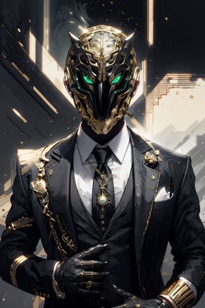 Henshin, solo, looking_at_viewer, shirt, gloves, long_sleeves, 1boy, jacket, white_shirt, upper_body, flower, male_focus, necktie, black_gloves, collared_shirt, vest, black_jacket, mask, rose, chain, formal, ring, suit, facing_viewer, black_necktie, black_vest, straight-on, gold, black_suit, ultra realistic,32k,RAW photo,(high detailed skin:1.2), 8k uhd, dslr, soft lighting, high quality, film grain,kamen rider mask
,xjrex,adstech