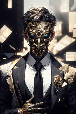 Henshin, solo, looking_at_viewer, shirt, gloves, long_sleeves, 1boy, jacket, white_shirt, upper_body, flower, male_focus, necktie, black_gloves, collared_shirt, vest, black_jacket, mask, rose, chain, formal, ring, suit, facing_viewer, black_necktie, black_vest, straight-on, gold, black_suit, ultra realistic,32k,RAW photo,(high detailed skin:1.2), 8k uhd, dslr, soft lighting, high quality, film grain,aztec mask
,xjrex,adstech