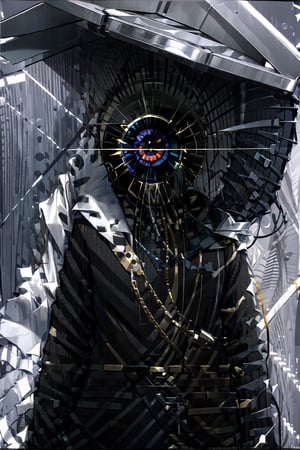 One Person, Masterpiece,wire hair, Eyehead, Eyehead,a sofa, gunshot, pistol, cyberpunk suit,long coat,trenchcoat,black shirt, high detailed, splendid, 4k, Close-up, no humans, films, Dramatic,contrast, natta,tooth, wall paper, Mysteriouss, digital art,High detailed ,robotic eye as head